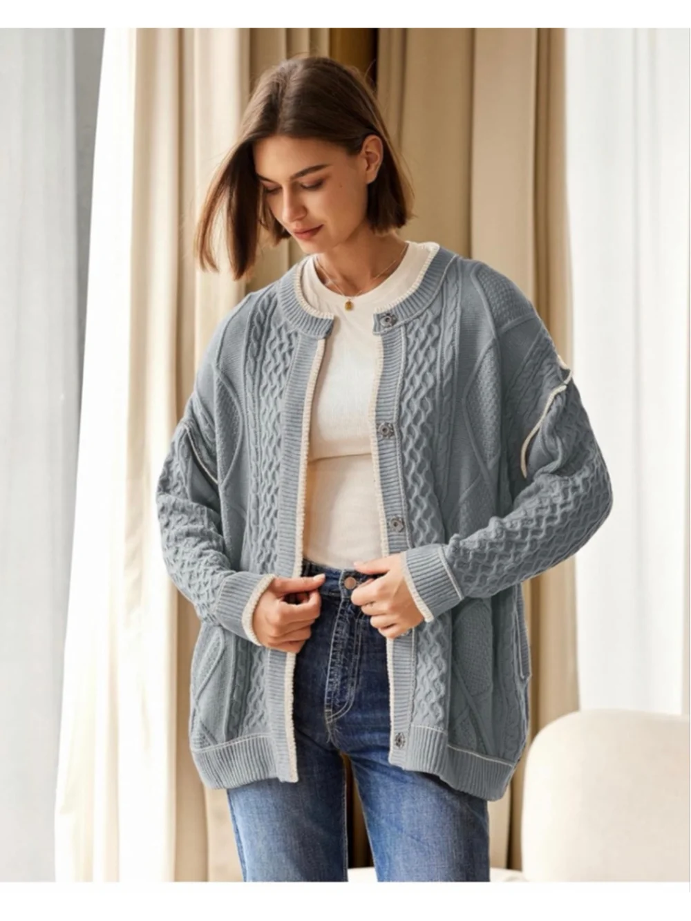 NEW Cable Knit Oversized Cardigan Button Up Striped Sweater S